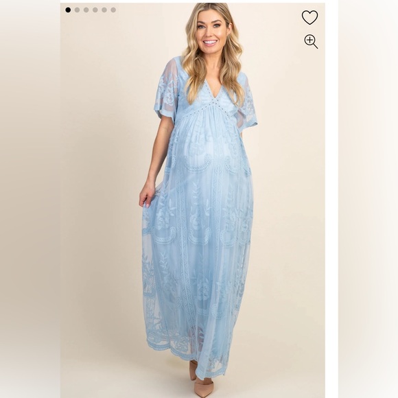PinkBlush Light Blue Lace Mesh Overlay Maternity Maxi Dress - Picture 3 of 4